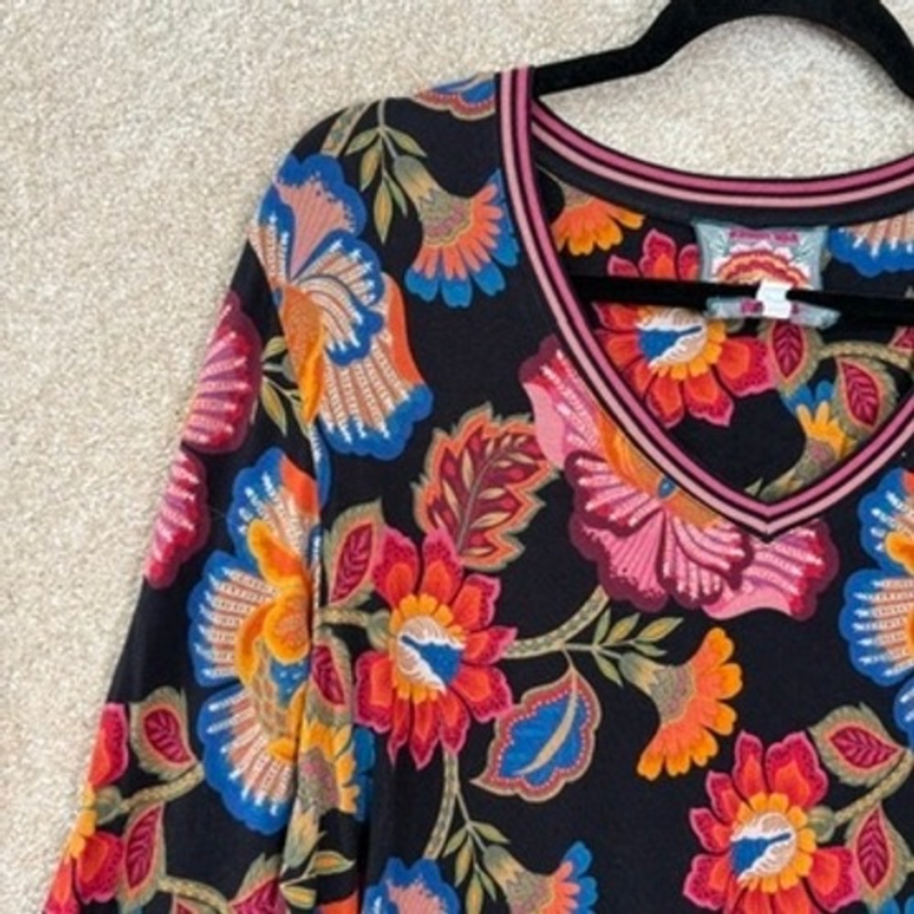 JOHNNY WAS Floral Top Womens XL Black Pink V-Neck Long Sleeve Boho Stretch